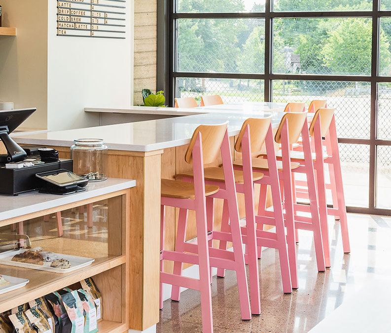 Grand Rapids Chair Company. Sadie II Indoor Barstools at counter. Kansas City office furniture. 