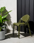 Hula Outdoor Chair with Perforated Steel Seat and Back in olive green, stackable patio seating, Kansas City Office Furniture