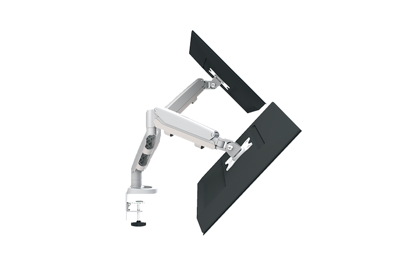 Side profile in various tilted positions. EPPA2 Dual Monitor Arm, adjustable monitor support. Kansas city office accessories.