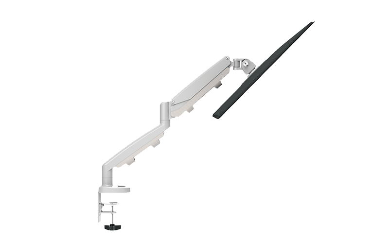 Side view of ESI EPPA Single Monitor Arm. Down tilted screen. Aluminum and steel design. Kansas City office accessories.