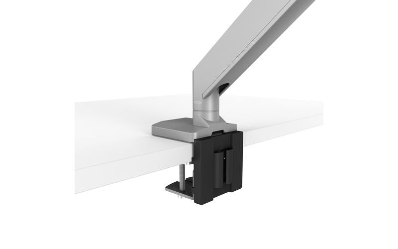 Detail shot of EPPA2 Max Dual Monitor Arm attached to desk. Adjustable monitor support. Kansas City office accessories.