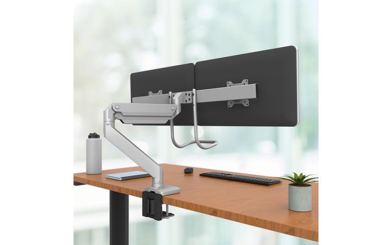 Side angle view. Attached to desk. EPPA2 Max Dual Monitor Arm, Adjustable monitor support. Kansas City office accessories.