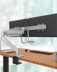 Side angle view. Attached to desk. EPPA2 Max Dual Monitor Arm, Adjustable monitor support. Kansas City office accessories.