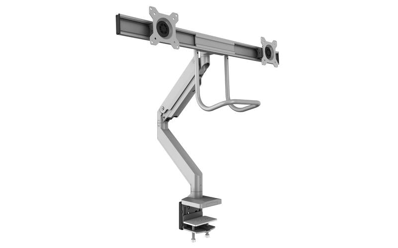 Front angled view without monitor attached. EPPA2 Max Dual Monitor Arm, Adjustable monitor support. Kansas City office accessories.