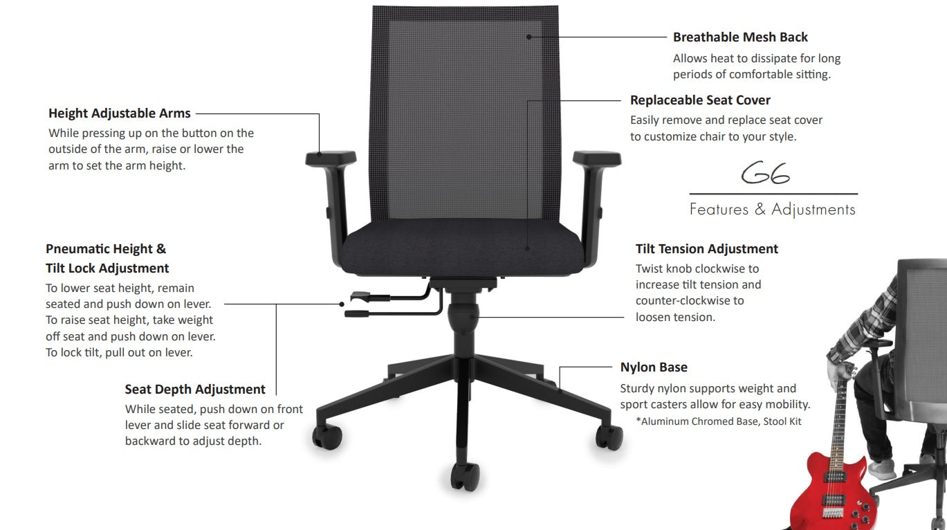 Wyatt Seating G6 Ergonomic Mesh Back Task Chair features map, Kansas City Office furniture