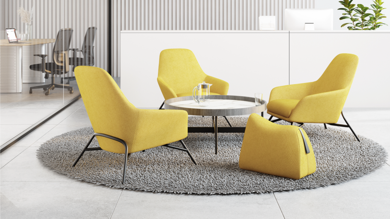 Styled office lounge featuring Alder Collection with yellow upholstered armchair and ottoman. Kansas City Office Furniture.