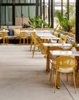 Hula Outdoor Chair with Perforated Steel Seat and Back in honey yellow, outdoor dining area, Kansas City Office Furniture