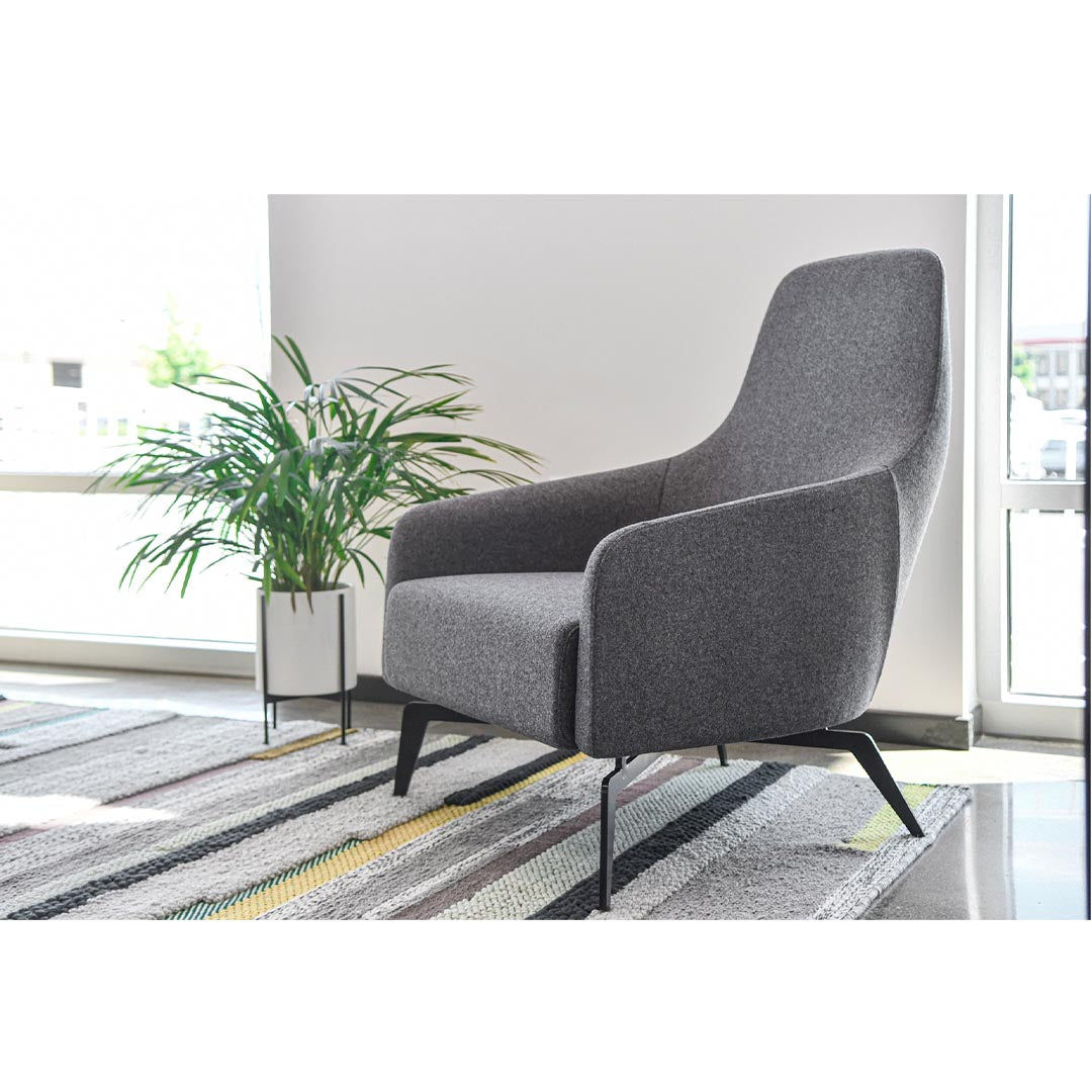 Styled shot of Anza Modern Armhair Lounge Seat - Color: Smoke, Kansas City Office Furniture, Contemporary Upholstered Chair, Office Lobby Seating