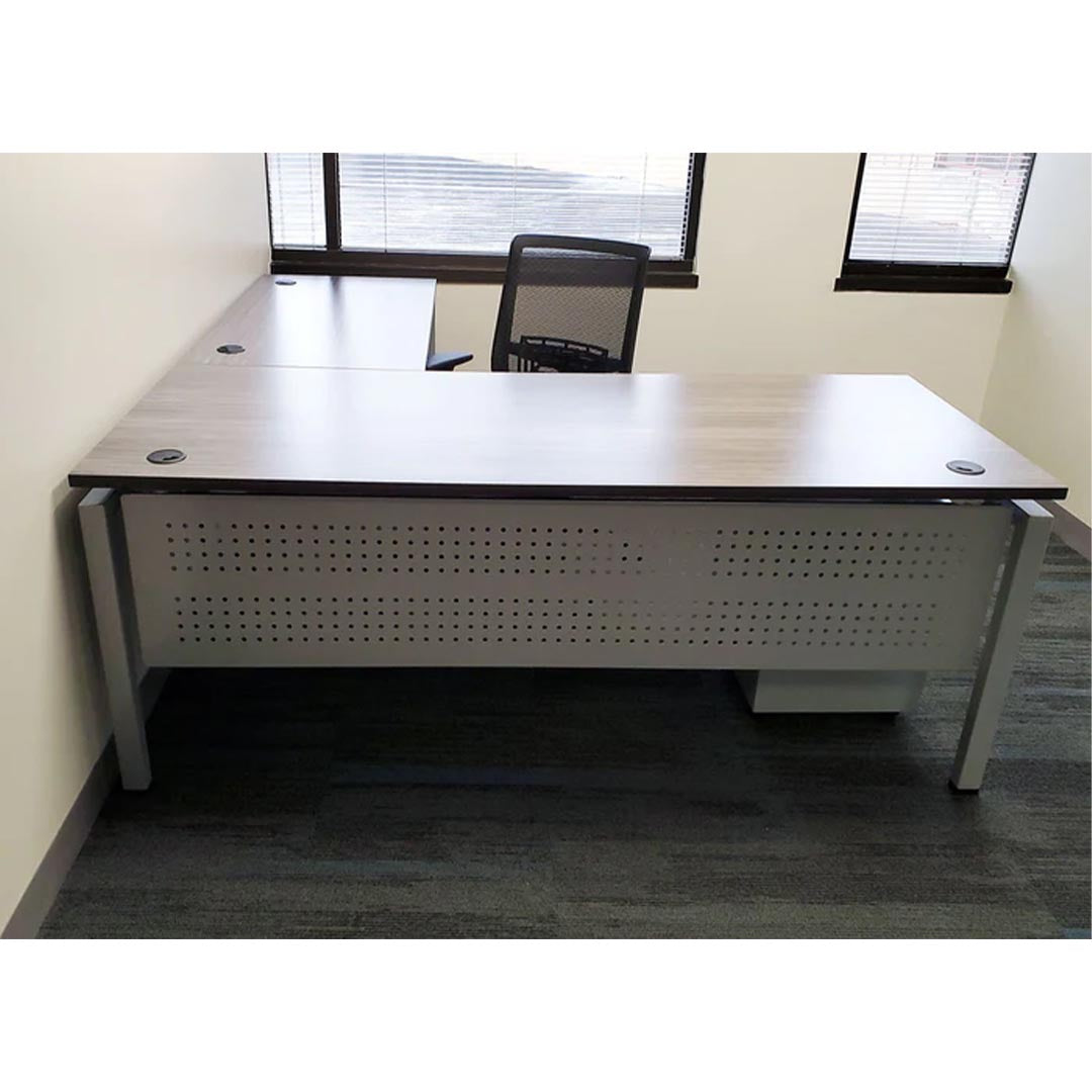 L-shaped office desk, contemporary, L Desk, metal legs, modern, modular, steel base, Kansas City office furniture, wood finish