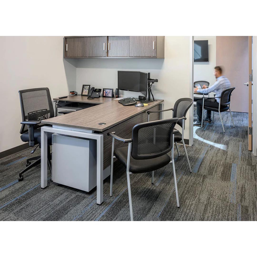 L-shaped office desk, contemporary, L Desk, metal legs, modern, modular, steel base, Kansas City office furniture, wood finish