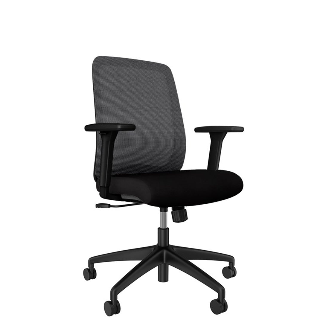 Bolton black ergonomic Kansas City office furniture chair with mesh back and adjustable arms, white background.