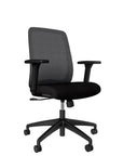 Bolton black ergonomic Kansas City office furniture chair with mesh back and adjustable arms, white background.