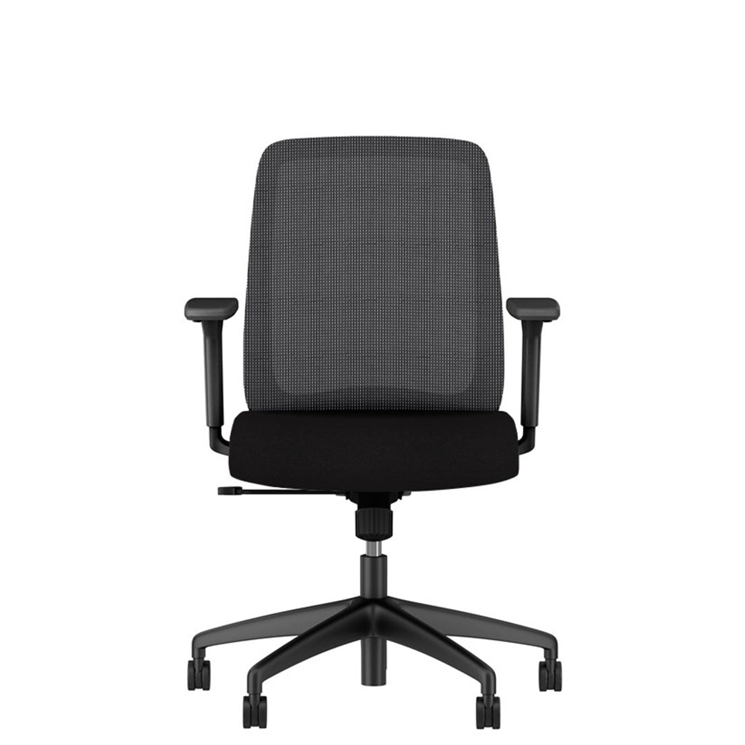 Bolton Black ergonomic chair with mesh back and adjustable arms. White background. Kansas City office furniture.