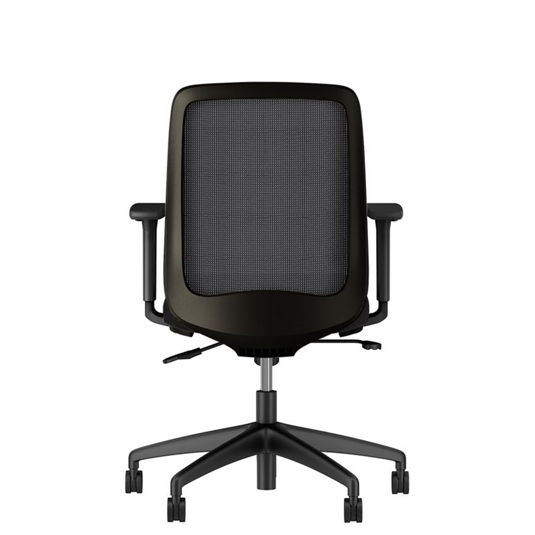 Back view Bolton Black ergonomic chair with mesh back and adjustable arms. White background. Kansas City office furniture.