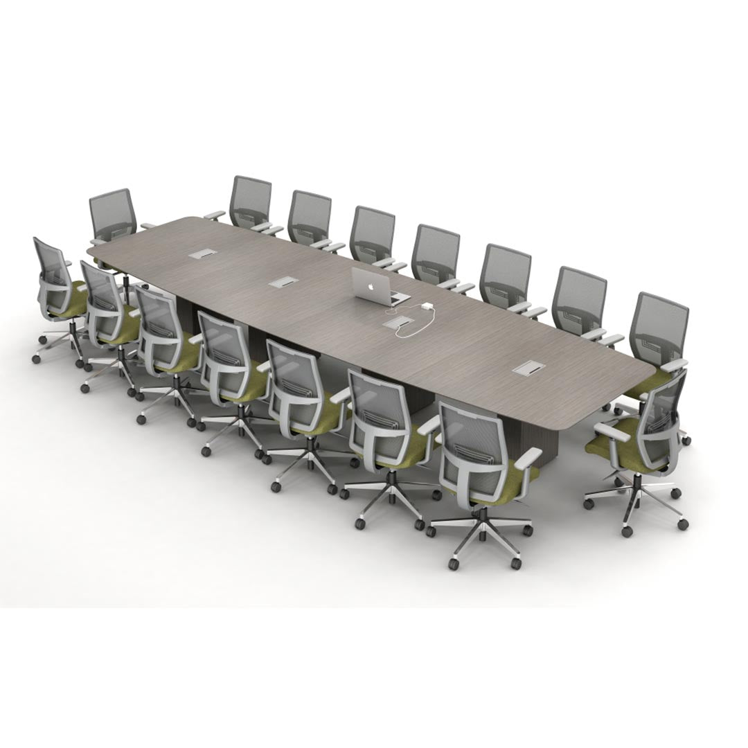 Calibrate Modern Conference Table. Boat shaped with four in surface power modules. Top view. Kansas City Office Furniture.