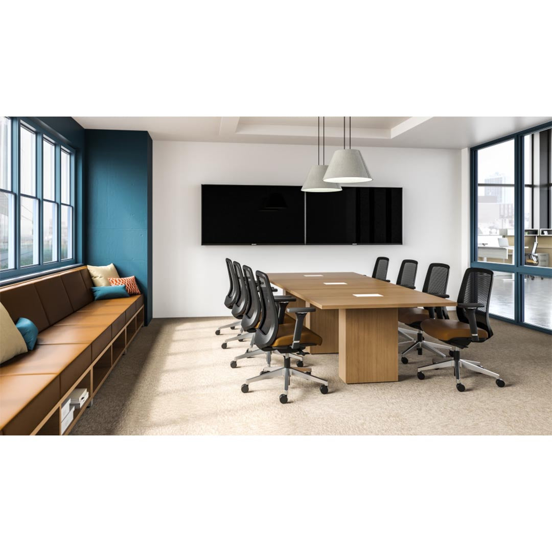 Calibrate Modern Conference Table. Side view in meeting room. Rectangle top with straight 2MM edge. Kansas City Office Furniture