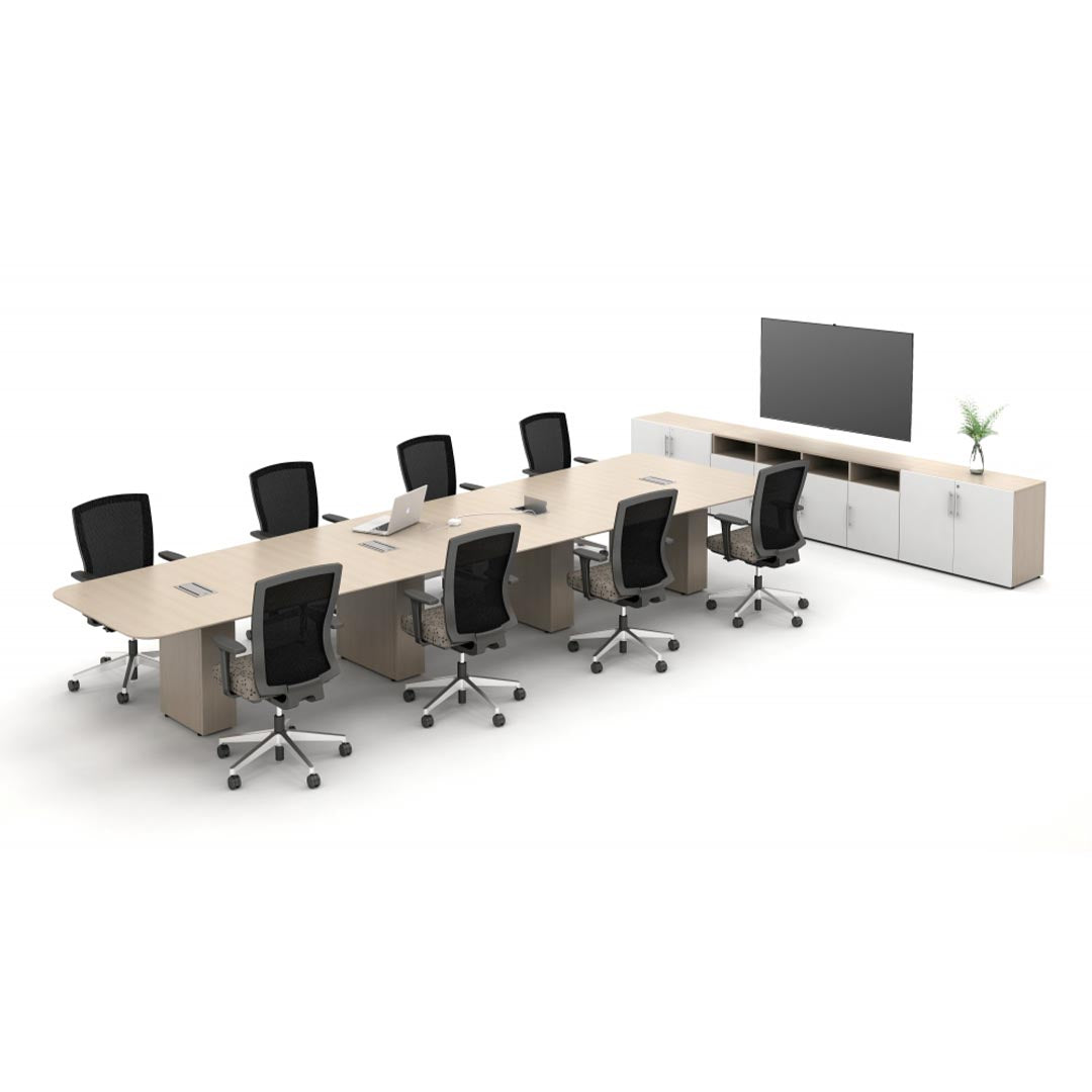 Calibrate Modern Conference Table in Leave Likatre laminate with knife edge. Four in surface enclosed power grommets. Kansas City Office Furniture.