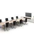 Calibrate Modern Conference Table in Leave Likatre laminate with knife edge. Four in surface enclosed power grommets. Kansas City Office Furniture.