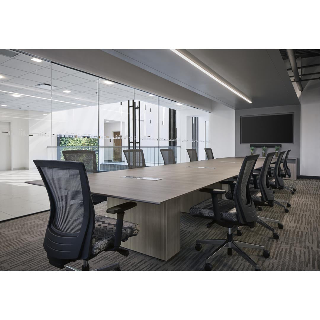 Calibrate Modern Conference Table in Looks Likatre laminate. Side angle view of surface knife edge. Kansas City Office Furniture.