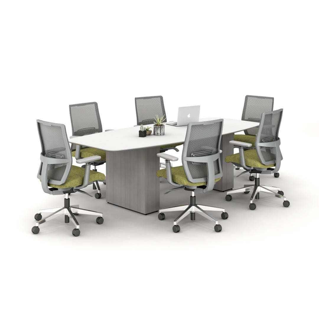 Calibrate Modern Boat-Shaped Conference Table. True White laminate top. Looks Likatre base. Kansas City Office Furniture.