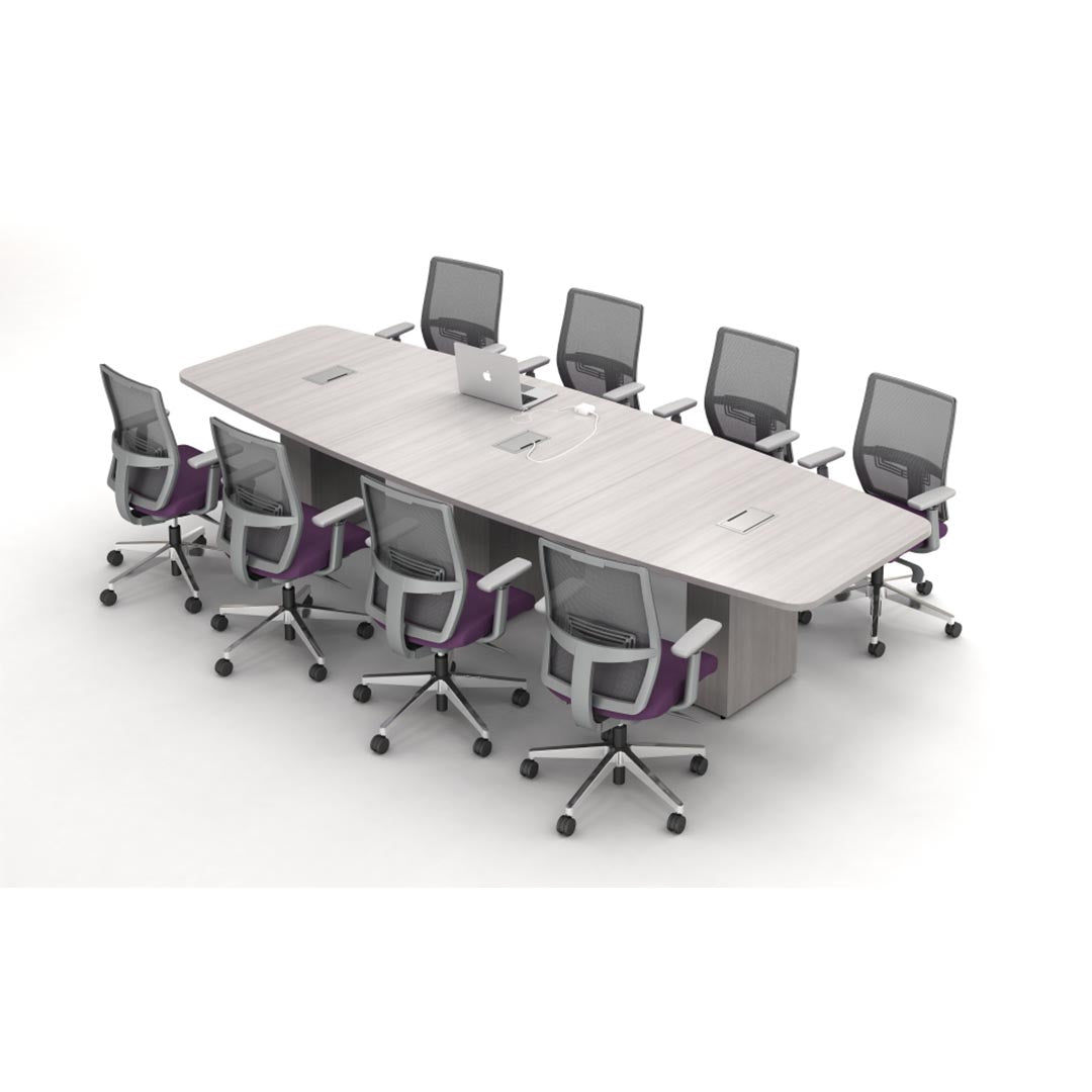 Calibrate Modern Boat-Shaped Conference Table in Looks Likatre laminate. Top view. 2MM Edge. Three in surface enclosed power grommets. Kansas City Office Furniture.