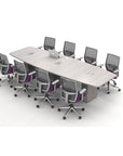 Calibrate Modern Boat-Shaped Conference Table in Looks Likatre laminate. Top view. 2MM Edge. Three in surface enclosed power grommets. Kansas City Office Furniture.