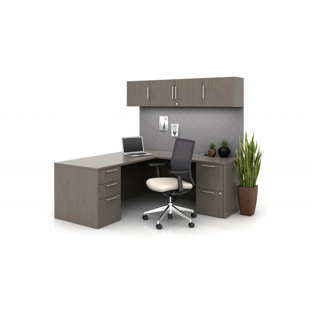 Calibrate L-Shaped Corporate Office Desk, L Desk, Dark laminate workstation with storage, Kansas City office furniture