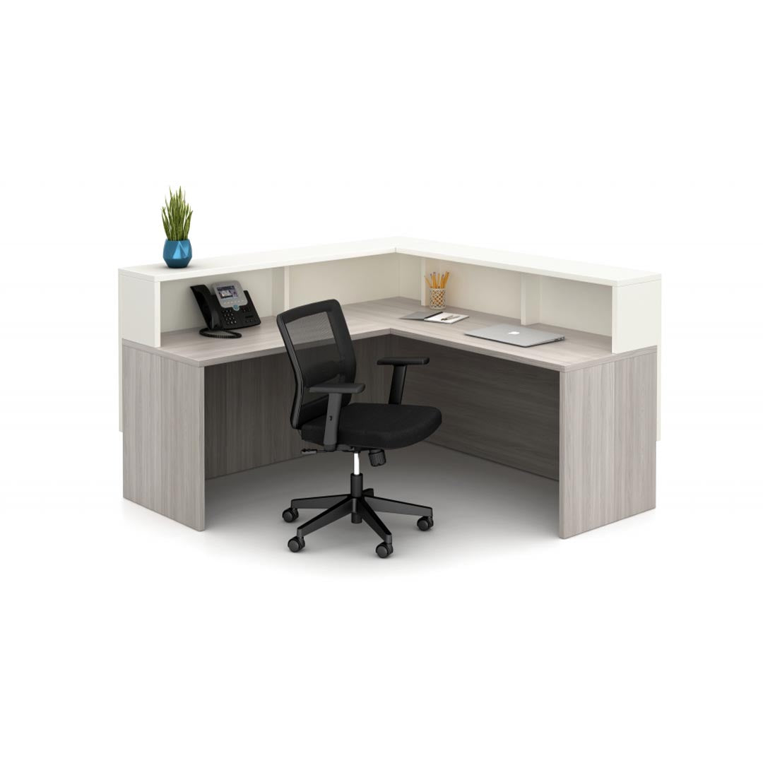 L desk. AIS Calibrate Reception. Corporate Office welcome area, retail counter station. White and grey elm laminate. Back view. Kansas City office furniture.