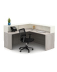 L desk. AIS Calibrate Reception. Corporate Office welcome area, retail counter station. White and grey elm laminate. Back view. Kansas City office furniture.