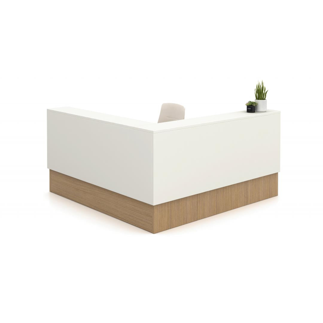 AIS Calibrate Reception desk. Corporate Office welcome area, modern retail counter station. White and aspen laminate. Kansas City office furniture.