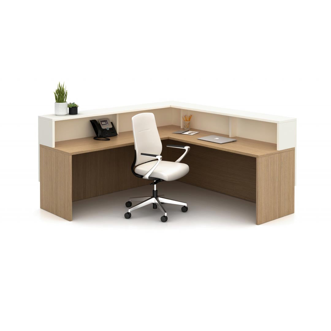 Calibrate Reception area. L Desk, Corporate Office welcome desk. Modern retail counter station. White and aspen laminate. Kansas City office furniture.