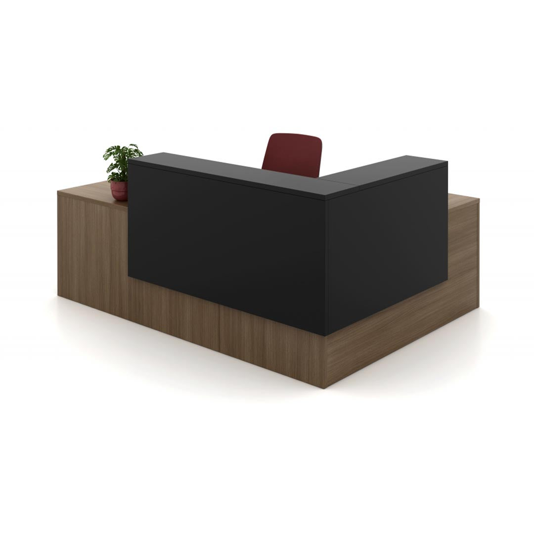 AIS Calibrate Reception desk. Corporate Office welcome area, modern retail counter station. Black and walnut laminate. Kansas City office furniture.