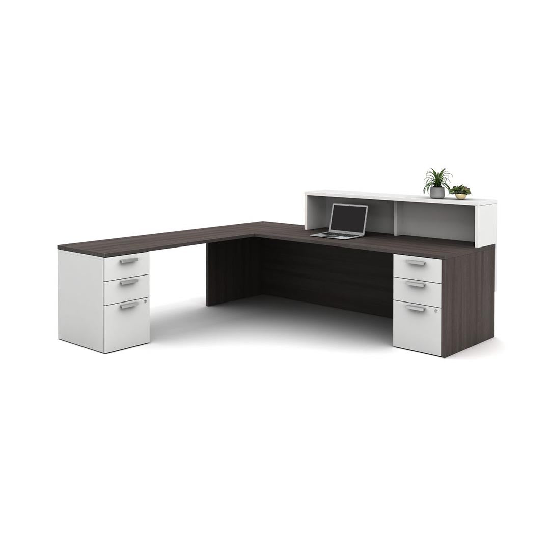 Calibrate Reception desk. Espresso and white laminate. Corporate Office welcome desk, retail counter station. L desk. Dual storage pedestals with silver pulls. Kansas City office furniture.