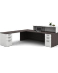 Calibrate Reception desk. Espresso and white laminate. Corporate Office welcome desk, retail counter station. L desk. Dual storage pedestals with silver pulls. Kansas City office furniture.