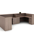 U desk cubicle. Aimtoo Savatre laminate. AIS Calibrate Reception desks. Corporate Office welcome desk, retail counter station. Dual storage pedestals with silver pulls. BBF and FF under desk drawers. Kansas City office furniture