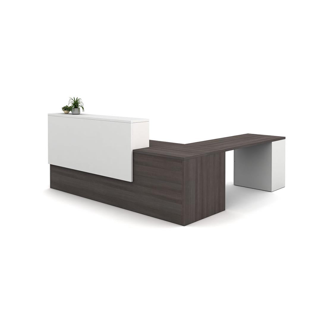 L desk, Calibrate Reception area, Corporate Office welcome desk, retail counter station. Espresso and white laminate finishes. Front view. Kansas City office furniture.