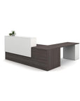 L desk, Calibrate Reception area, Corporate Office welcome desk, retail counter station. Espresso and white laminate finishes. Front view. Kansas City office furniture.