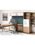 Enwork Cayman corporate office suite, height adjustable workstation, executive desk with cabinets and shelving. Fabric wall. Hidden closet storage. White oak laminate. Kansas City office furniture