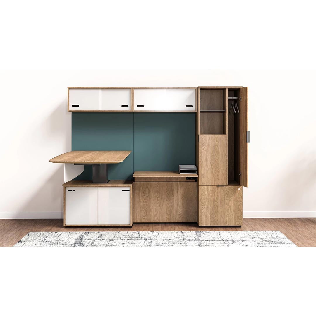 Enwork Cayman corporate office suite, height adjustable workstation. White and clear ash laminate. Hanging closet storage. Executive desk with cabinets and shelving. Kansas City office furniture.