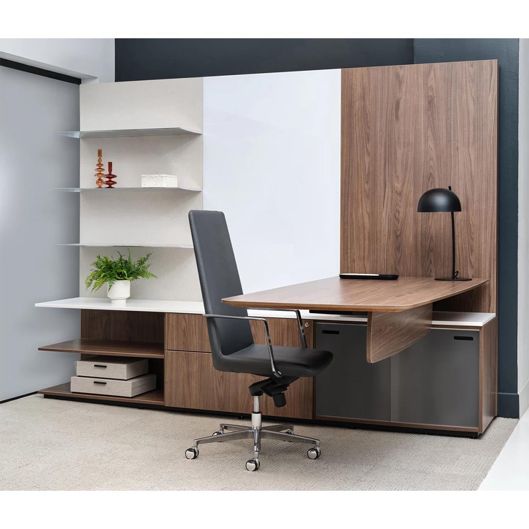 Enwork Cayman corporate office suite, height adjustable workstation, executive desk with cabinets and shelving. Side view. White and walnut laminate. Kansas City office furniture