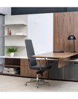 Enwork Cayman corporate office suite, height adjustable workstation, executive desk with cabinets and shelving. Side view. White and walnut laminate. Kansas City office furniture