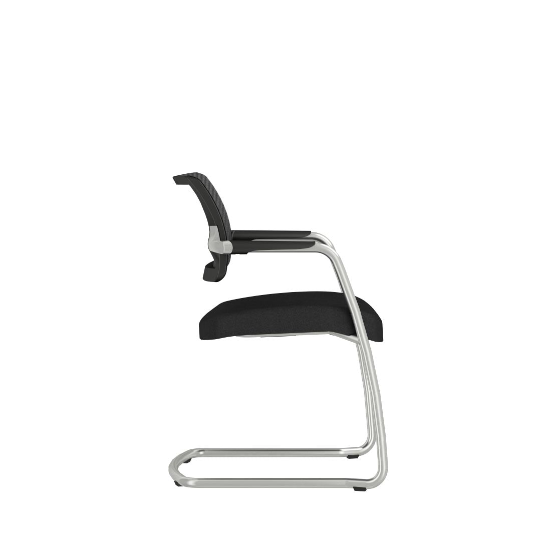 Side profile of AIS Devens Black Mesh Low-Back Stackable Side Chair with Polished aluminum cantilevered frame, Kansas City office furniture. Meeting room training chair.