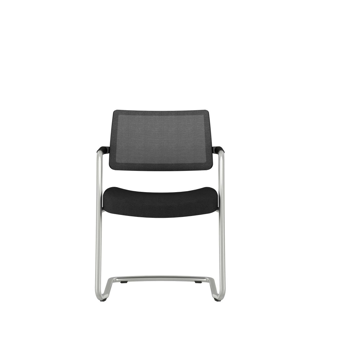 AIS Devens Black Mesh Low-Back Stackable Side Chair with Polished aluminum cantilevered frame. Kansas City office furniture. Meeting room training chair. Front view.