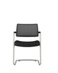 AIS Devens Black Mesh Low-Back Stackable Side Chair with Polished aluminum cantilevered frame. Kansas City office furniture. Meeting room training chair. Front view.