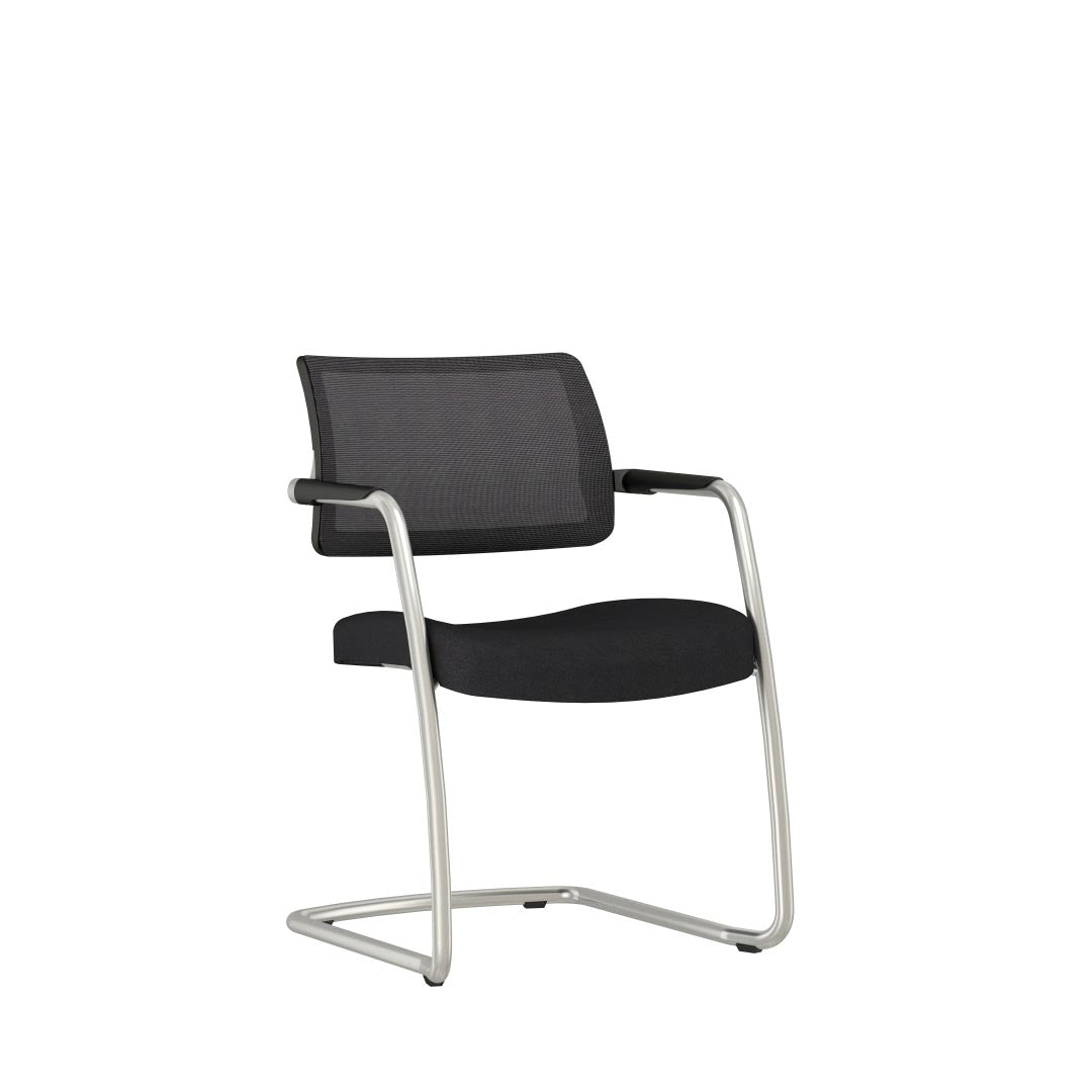 AIS Devens Black Mesh Low-Back Stackable Side Chair with Polished aluminum cantilevered frame. Kansas City office furniture. Meeting room training chair. Side angle view.