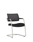 AIS Devens Black Mesh Low-Back Stackable Side Chair with Polished aluminum cantilevered frame. Kansas City office furniture. Meeting room training chair. Side angle view.