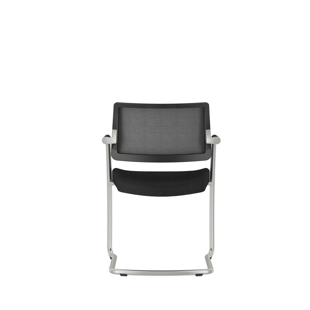 Back view of AIS Devens Black Mesh Low-Back Stackable Side Chair with Polished aluminum cantilevered frame. Kansas City office furniture. Meeting room training chair.