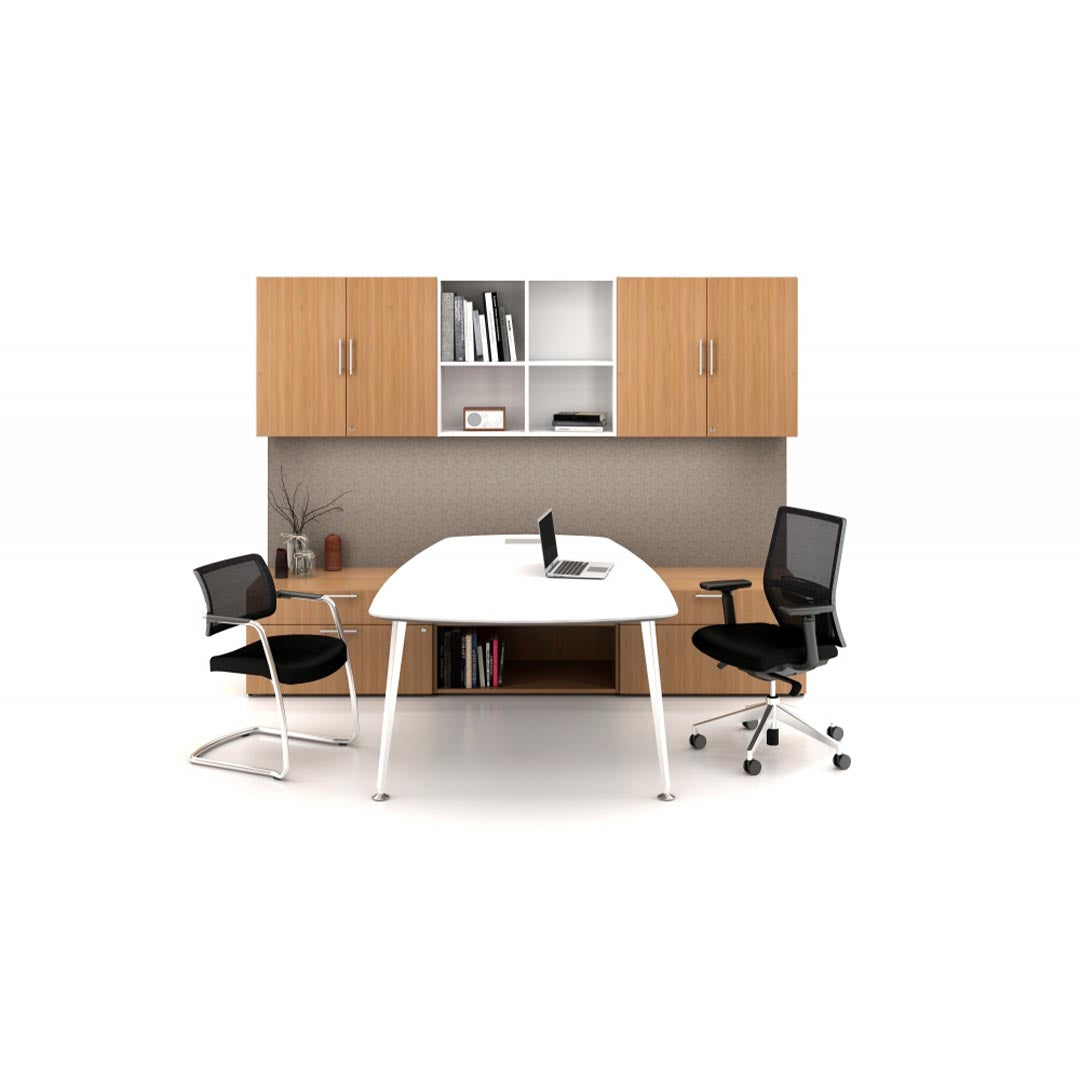 Styled desk shot of AIS Devens Black Mesh Low-Back Stackable Side Chair with Polished aluminum cantilevered frame. Top side angle view. Kansas City office furniture.