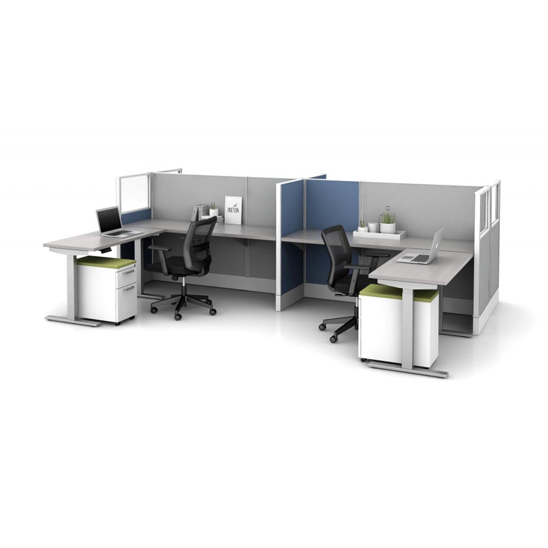 AIS Divi Panel Workstations, corporate cubicle system. Back to back L desk setup with mobile storage pedestals. Kansas City office furniture.