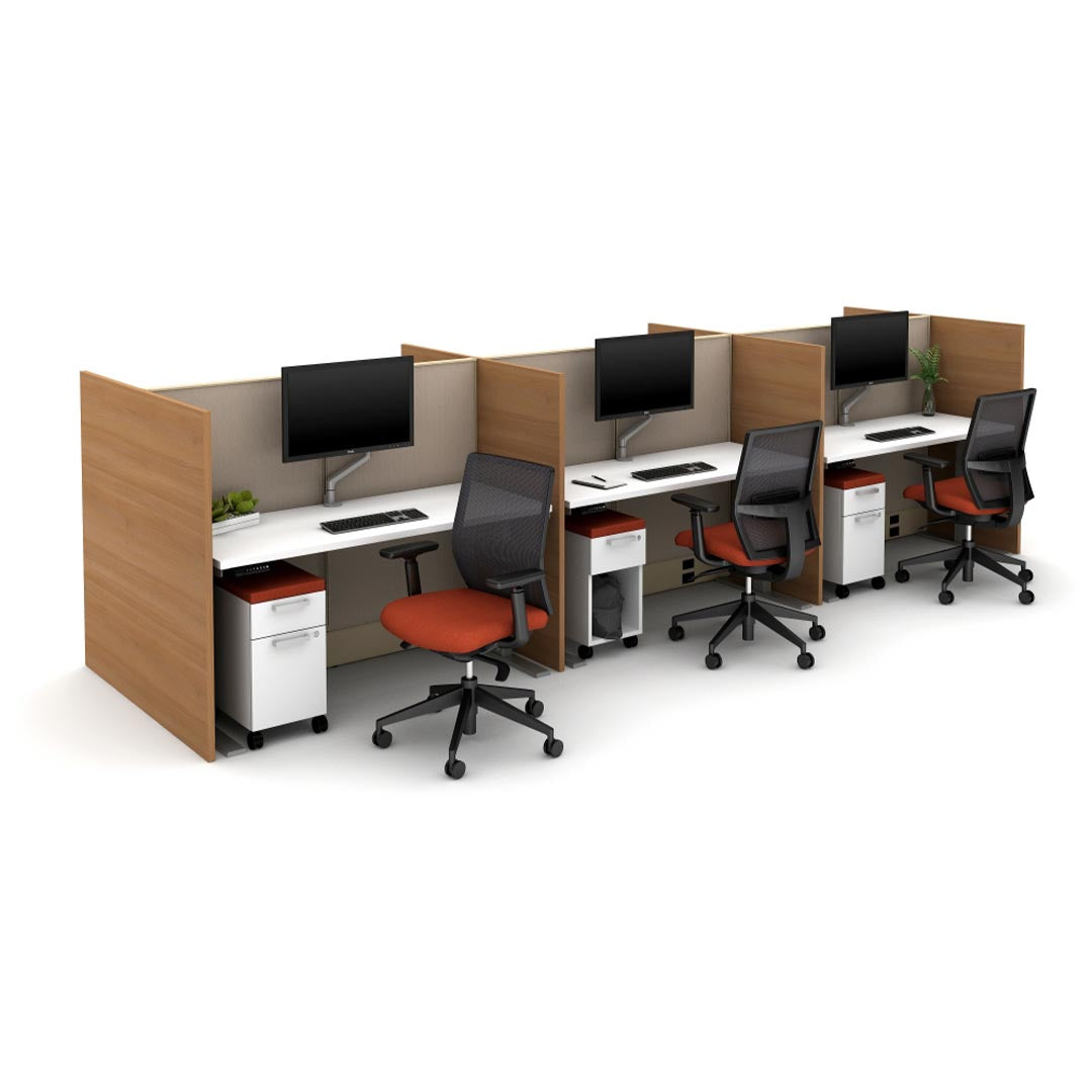 AIS Divi Panel six person Workstations with wood laminate privacy panels, corporate cubicle system. Slim mobile storage pedestals. Kansas City office furniture.